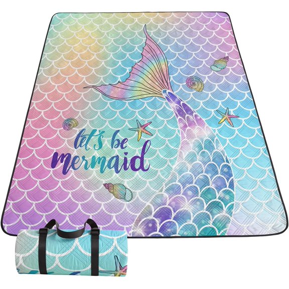 Outdoor Picnic Blanket Portable Ultrasonic Waterproof Picnic Mat Mermaid Tail Printed Camping Beach Mat for Sand and Wet Grass Hiking (Mermaid Tail L)