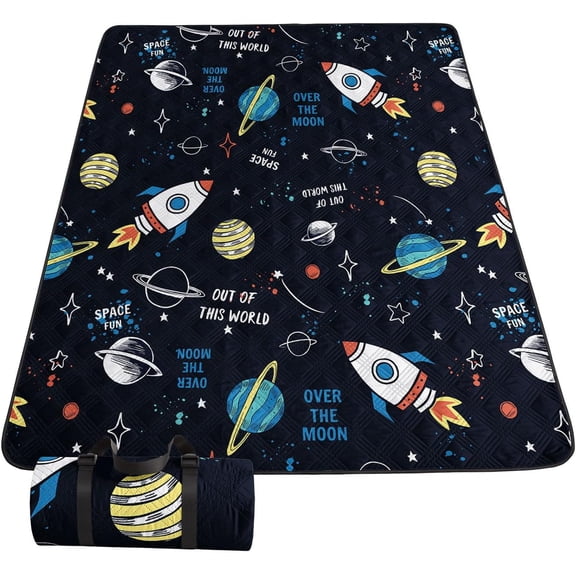 Outdoor Picnic Blanket Portable Ultrasonic Waterproof Picnic Mat Space Planet Rocket Printed Camping Beach Mat for Sand and Wet Grass Hiking (Space Planet Rocket S)