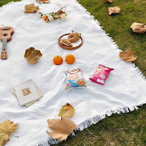 Outdoor Picnic Blanket Sandproof - Portable Lightweight Blanket T-Grid Picnic Mat for Beach, Camping, Park, Lawn, Concert & Wedding Photoshoot Indoor Bohemian Decor Machine Washable