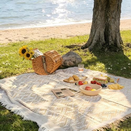 Outdoor Picnic Blanket Sandproof - Portable Lightweight Blanket T-Grid Picnic Mat for Beach, Camping, Park, Lawn, Concert & Wedding Photoshoot Indoor Bohemian Decor Machine Washable