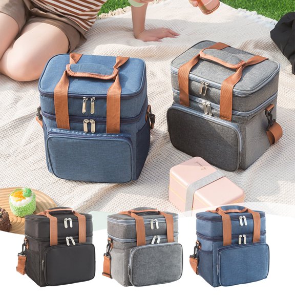 Outdoor Picnic Insulation Bag Double Bento Bag Large Capacity Leakproof Cooler Tote for Family Outings and Beach Trips, UKHBMC | Black