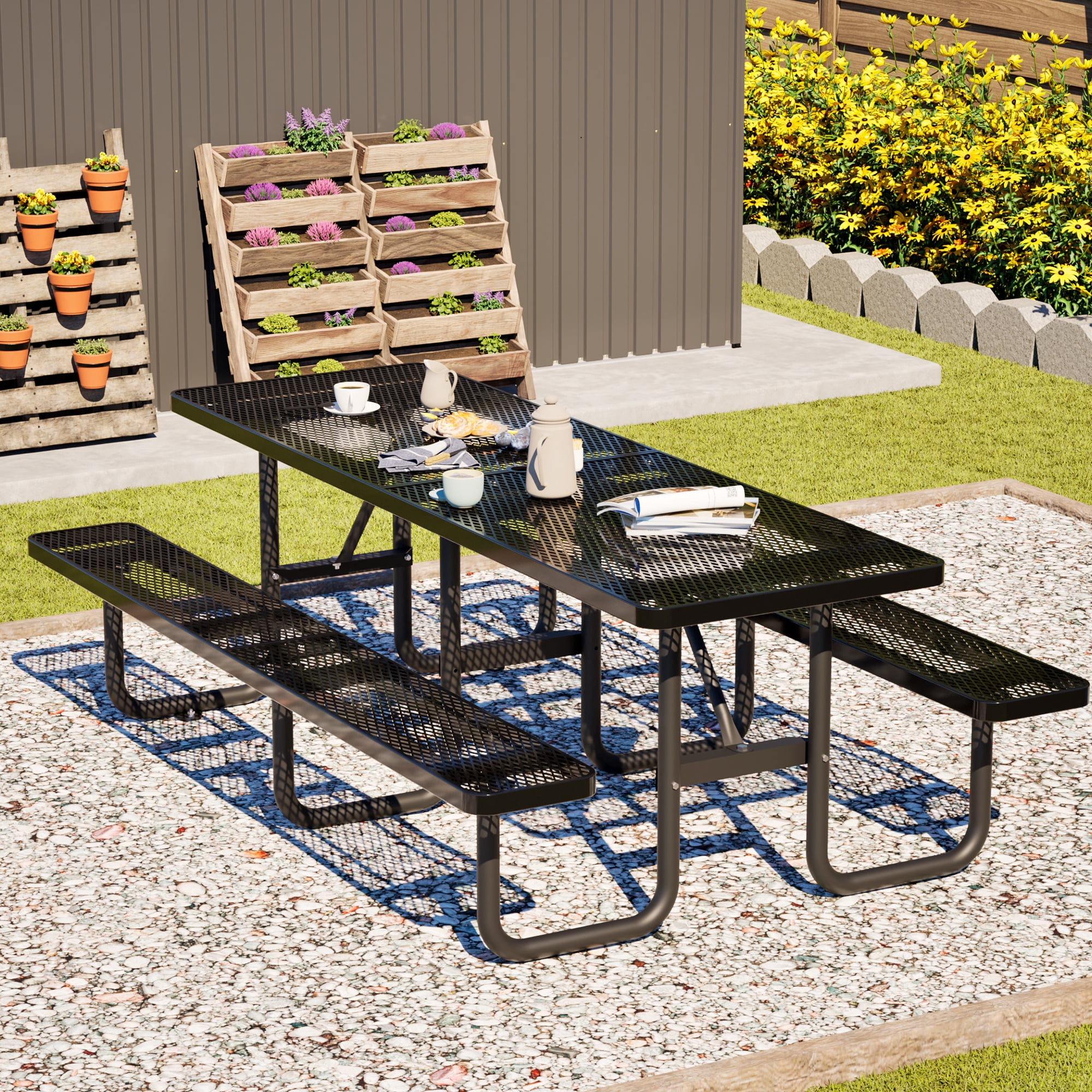 Outdoor Picnic Table Bench Set for 10-Person,All Weather Metal Patio Dining Furniture with Umbrella Hole & 2 Benches for Backyard,Picnic,Camping,Black