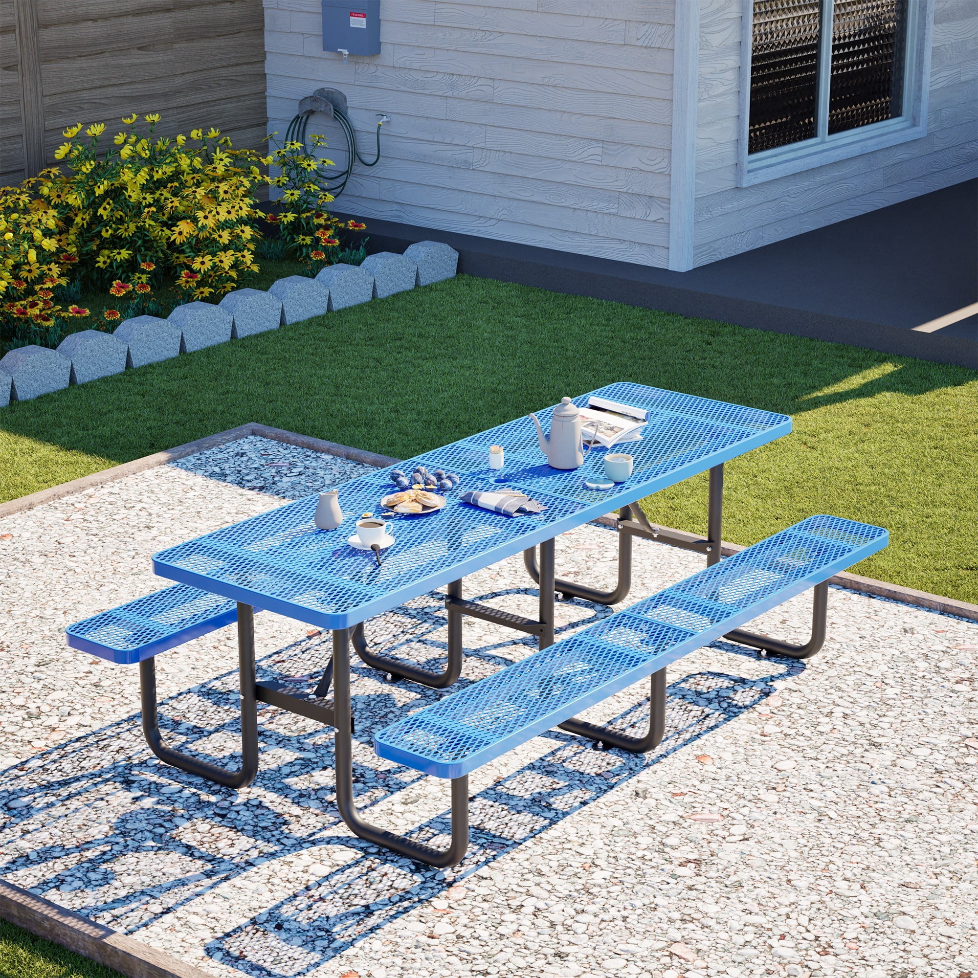 Outdoor Picnic Table Bench Set for 10-Person,All Weather Metal Patio Dining Furniture with Umbrella Hole & 2 Benches for Backyard,Picnic,Camping,Blue