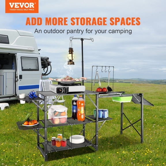 Outdoor Picnic Table - One-Piece Foldable Camping Kitchen w/ 3 Side Tables, 2 Shelves & Detachable Sink for BBQs, Hiking - Portable Carry Bag