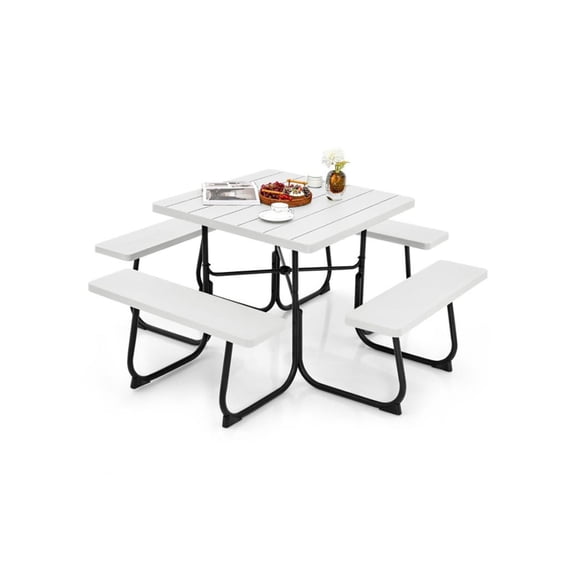 Outdoor Picnic Table Set with Benches & Umbrella Hole - 8 Seater HDPE Patio Dining Table - Black/Gray/White/Green - 67" x 67"