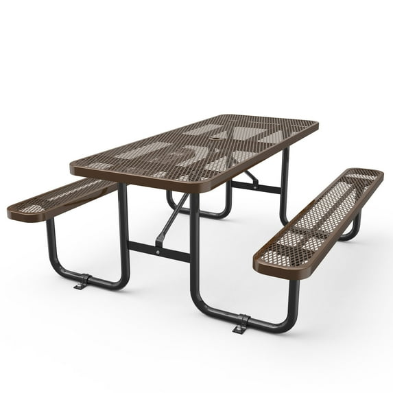 Outdoor Picnic Table with Umbrella Hole, Metal Grade Patio Dining Table with 4 Built-In Benches, Outside Table and Bench Set for Garden, Backyard, Porch, Patio