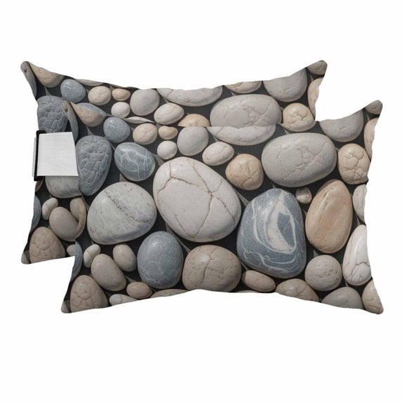 Outdoor Pillow for Chaise Lounge Chair Abstract Natural Grey Cobblestone Headrest Pillow Set of 2,11x16 inch, Modern Grey Pebble Stone Waterproof Head Lumbar Pillows for Patio Pool Beach