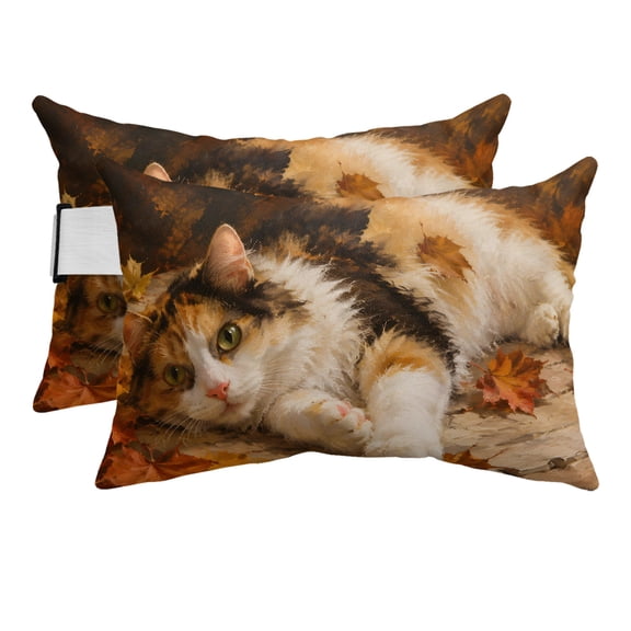 Outdoor Pillow for Chaise Lounge Chair Autumn Cat Maple Leaves Headrest Pillow with Adjustable Elastic Strap Set of 2,11x16 inch, Fall Foliage Cute Cat Waterproof Head Lumbar Pillows for Patio
