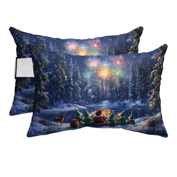 Outdoor Pillow for Chaise Lounge Chair Christmas Santa Claus Elves Watching Fireworks Headrest Pillow with Elastic Strap Set of 2,11x16 inch, Winter Snowflakes Waterproof Pillows for Patio