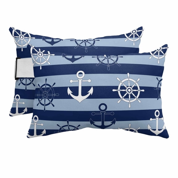 Outdoor Pillow for Chaise Lounge Chair Coastal Anchor Compass Headrest Pillow Set of 2,11x16 inch, Nautical Theme Navy Blue Stripe Waterproof Head Lumbar Pillows for Patio Pool Beach