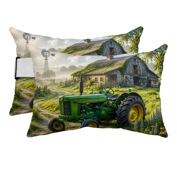 Outdoor Pillow for Chaise Lounge Chair Farm Green Tractor Headrest Pillow Set of 2,11x16 inch, Retro Old Barn Windmill Waterproof Head Lumbar Pillows for Patio Pool Beach
