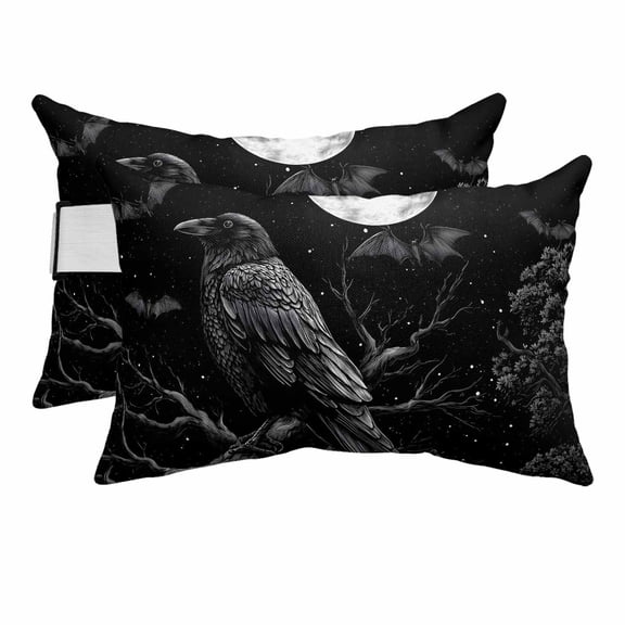 Outdoor Pillow for Chaise Lounge Chair Halloween Horror Crow Bat Black Headrest Pillow Set of 2,11x16 inch, Bare Tree Moon Night Waterproof Head Lumbar Pillows for Patio Pool Beach