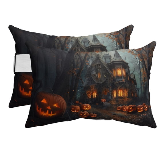 Outdoor Pillow for Chaise Lounge Chair Halloween Scary House Pumpkin Ghost Headrest Pillow Set of 2,11x16 inch, Horror Night Forest Waterproof Head Lumbar Pillows for Patio Pool Beach