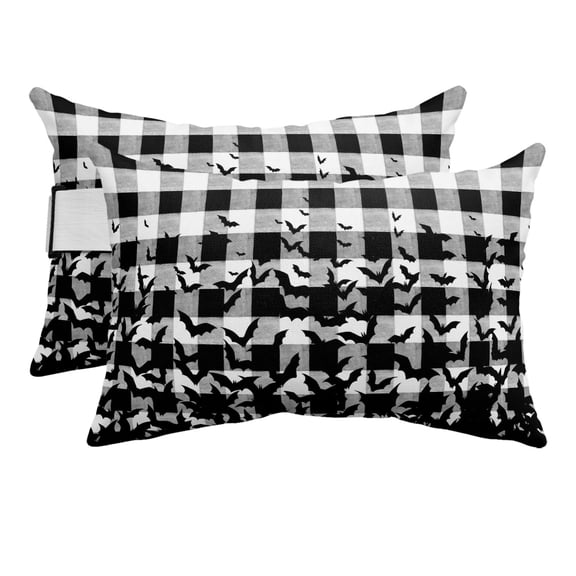 Outdoor Pillow for Chaise Lounge Chair Halloween Spooky Bats on Buffalo Check Headrest Pillow Set of 2,11x16 inch, Black White Plaid Waterproof Head Lumbar Pillows for Patio Pool Beach