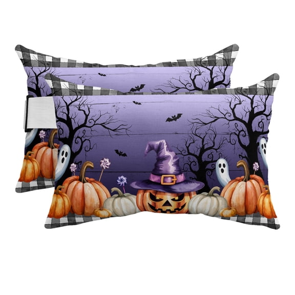 Outdoor Pillow for Chaise Lounge Chair Halloween Watercolor Pumpkin Ghost Headrest Pillow Set of 2,11x16 inch, Tree Purple Wood Plaid Waterproof Head Lumbar Pillows for Patio Pool Beach