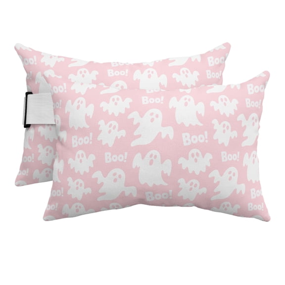 Outdoor Pillow for Chaise Lounge Chair Halloween White Ghost on Pink Headrest Pillow Set of 2,11x16 inch, Horror Boo Text Waterproof Head Lumbar Pillows for Patio Pool Beach