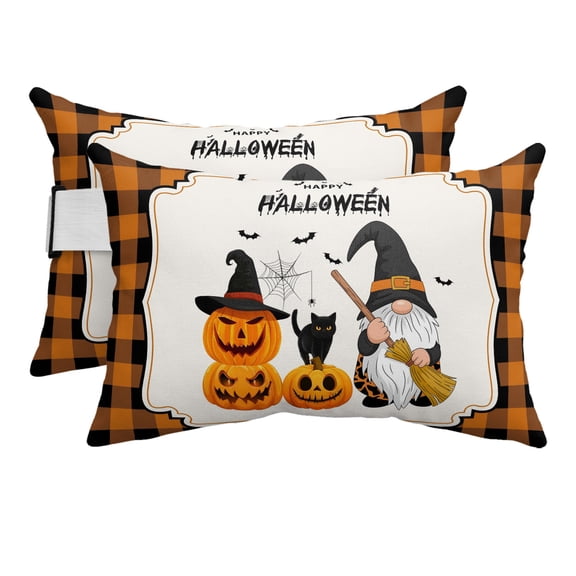 Outdoor Pillow for Chaise Lounge Chair Happy Halloween Words Gnome Cat Headrest Pillow Set of 2,11x16 inch, Orange Black Plaid Waterproof Head Lumbar Pillows for Patio Pool Beach