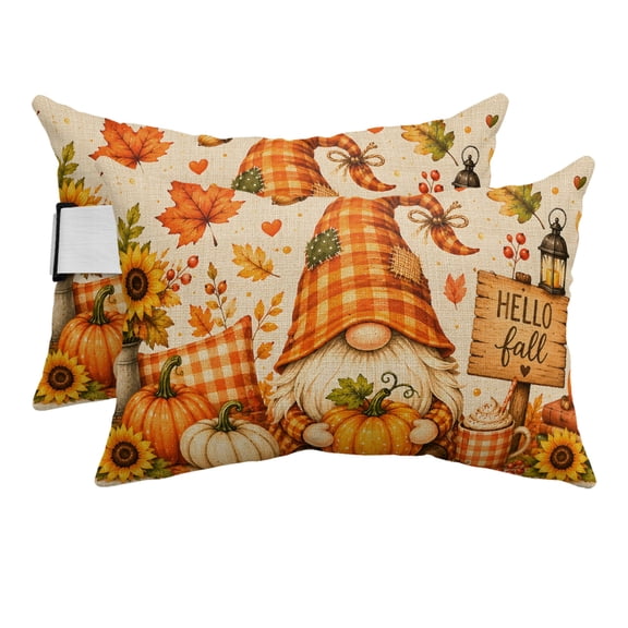 Outdoor Pillow for Chaise Lounge Chair Hello Fall Gnome Pumpkin Headrest Pillow Set of 2,11x16 inch, Thanksgiving Maple Leaves Burlap Waterproof Head Lumbar Pillows for Patio Pool Beach