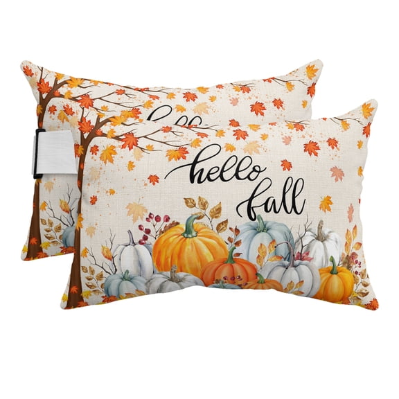 Outdoor Pillow for Chaise Lounge Chair Hello Fall Orange Maple Leaf Tree Headrest Pillow Set of 2,11x16 inch, Thanksgiving Pumpkin Vintage Linen Waterproof Head Lumbar Pillows for Patio Pool Beach