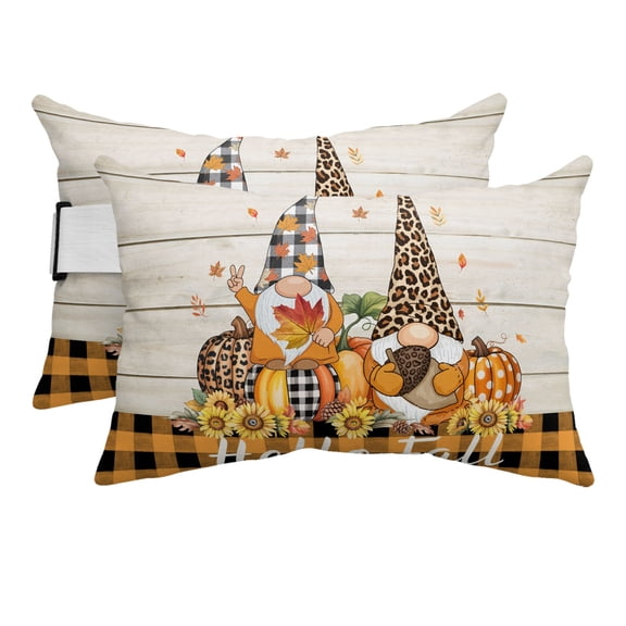 Outdoor Pillow for Chaise Lounge Chair Hello Fall on Yellow Plaid Headrest Pillow Set of 2,11x16 inch, Thanksgiving Gnome Pumpkin Waterproof Head Lumbar Pillows for Patio Pool Beach