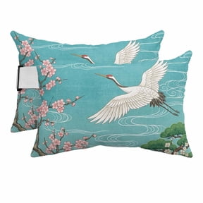 Outdoor Pillow for Chaise Lounge Chair Japanese Crane Abstract Clouds Headrest Pillow with Adjustable Elastic Strap Set of 2,11x16 inch, Vintage Tree Blossom Waterproof Head Lumbar Pillows for Patio