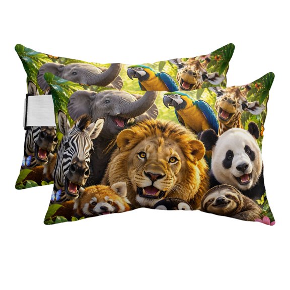Outdoor Pillow for Chaise Lounge Chair Jungle Animals Elephant Lion Pattern Headrest Pillow Set of 2,11x16 inch, Zebra Panda Sloth Waterproof Head Lumbar Pillows for Patio Pool Beach