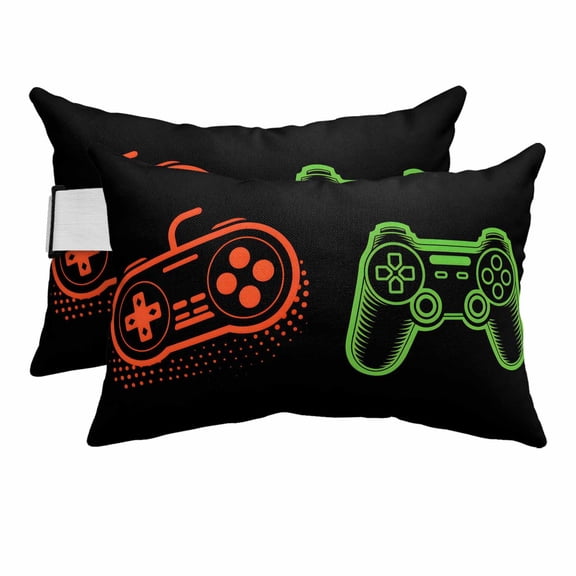 Outdoor Pillow for Chaise Lounge Chair Modern Game Controller on Black Headrest Pillow Set of 2,11x16 inch, Abstract Gamer Pad Sketch Waterproof Head Lumbar Pillows for Patio Pool Beach