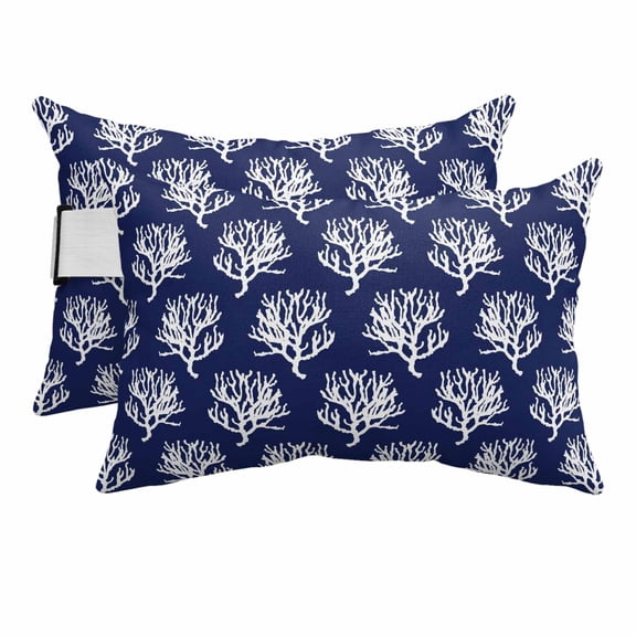 Outdoor Pillow for Chaise Lounge Chair Ocean Coral Navy Blue Headrest Pillow Set of 2,11x16 inch, Summer Coastal Nautical Theme Waterproof Head Lumbar Pillows for Patio Pool Beach