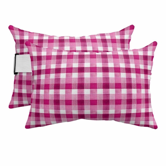 Outdoor Pillow for Chaise Lounge Chair Pink Gradient Buffalo Plaid Headrest Pillow with Adjustable Elastic Strap Set of 2,11x16 inch, Modern Geometric Check Waterproof Head Lumbar Pillows for Patio