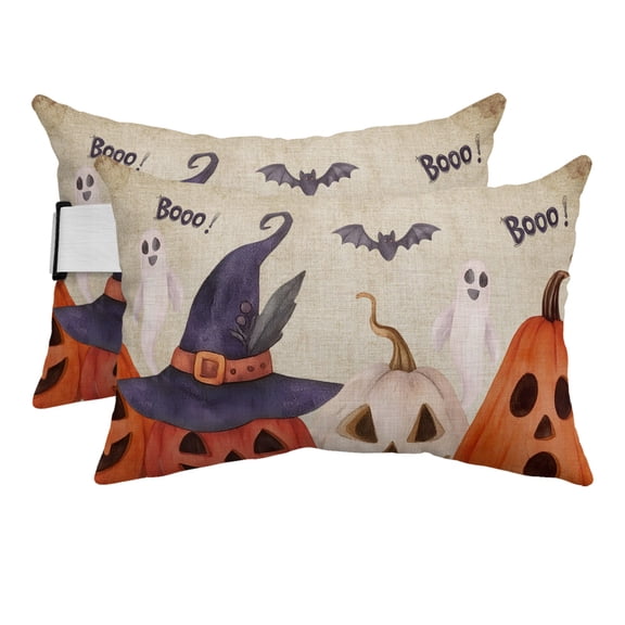 Outdoor Pillow for Chaise Lounge Chair Pumpkin Ghost Halloween Headrest Pillow Set of 2,11x16 inch, Horror Ghost Bat Retro Backdrop Waterproof Head Lumbar Pillows for Patio Pool Beach