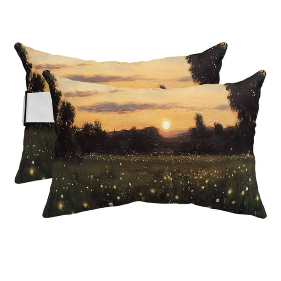 Outdoor Pillow for Chaise Lounge Chair Rustic Grass Sunset Field Headrest Pillow Set of 2,11x16 inch, Animals Fireflies Pattern Waterproof Head Lumbar Pillows for Patio Pool Beach