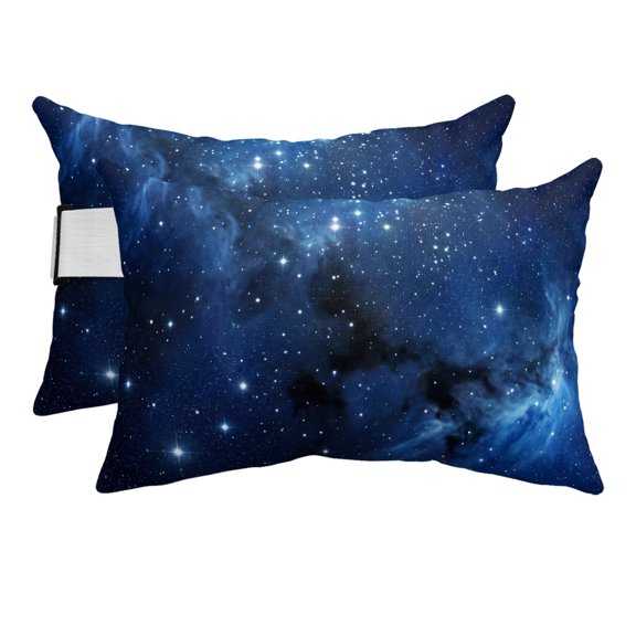 Outdoor Pillow for Chaise Lounge Chair Stars Starry Sky Deep Blue Headrest Pillow with Adjustable Elastic Strap Set of 2,11x16 inch, Cosmic Waterproof Head Lumbar Pillows for Patio Pool Beach