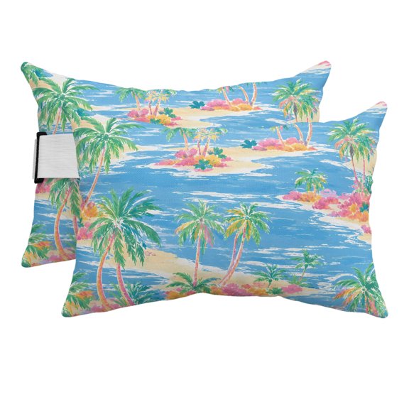 Outdoor Pillow for Chaise Lounge Chair Summer Beach Coconut Trees Blue Ocean Headrest Pillow Set of 2,11x16 inch, Graffiti Style Waterproof Head Lumbar Pillows for Patio Pool Beach