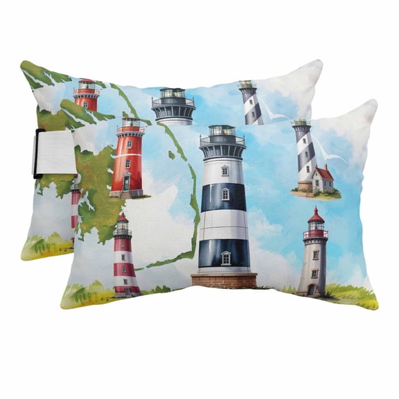 Outdoor Pillow for Chaise Lounge Chair Summer Coastal Nautical Lighthouse Headrest Pillow Set of 2,11x16 inch, Ocean Beach Theme Waterproof Head Lumbar Pillows for Patio Pool Beach