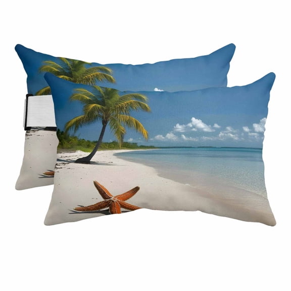 Outdoor Pillow for Chaise Lounge Chair Summer Ocean Coconut Tree Starfish Shell Headrest Pillow Set of 2,11x16 inch, Seaside Beach Waterproof Head Lumbar Pillows for Patio Pool Beach