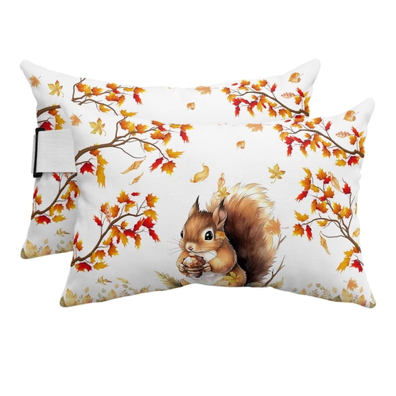 Outdoor Pillow for Chaise Lounge Chair Thanksgiving Harvest Squirrel Animal Headrest Pillow Set of 2,11x16 inch, Fall Maple Leaves on White Waterproof Head Lumbar Pillows for Patio Pool Beach