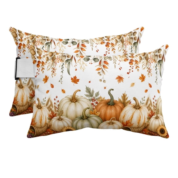 Outdoor Pillow for Chaise Lounge Chair Thanksgiving Pumpkin Cornucopia Headrest Pillow with Adjustable Strap Set of 2,11x16 inch, Maple Leaf Eucalyptus Leaves Waterproof Head Pillows for Patio