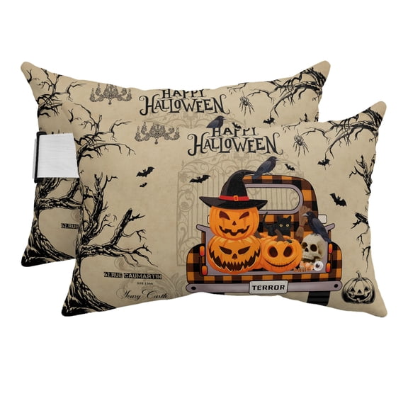 Outdoor Pillow for Chaise Lounge Chair Vintage Halloween Pumpkin Ghost Headrest Pillow Set of 2,11x16 inch, Buffalo Plaid Truck Waterproof Head Lumbar Pillows for Patio Pool Beach
