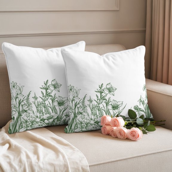 Outdoor Pillow Cover 18x18in Set of 2, Green Flowers Iris Lavender Leaves Waterproof Decorative Throw Pillow Cover for Couch Sofa, Spring Botanical Pillowcase Cushion Cases for Patio Garden