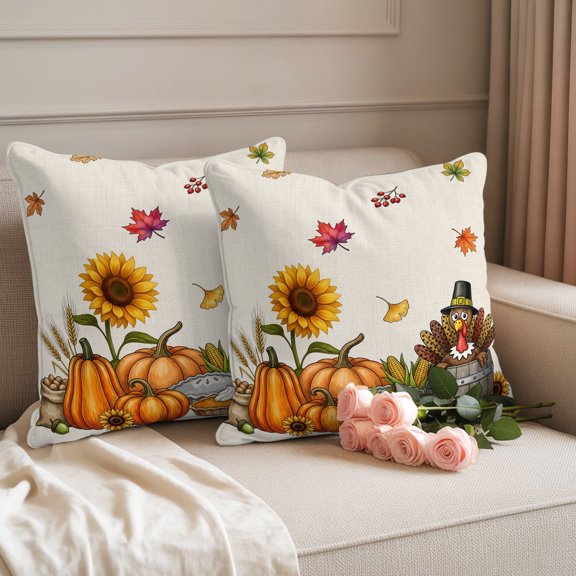 Outdoor Pillow Cover 18x18inch Set of 2, Thanksgiving Turkey Pumpkin Sunflower Waterproof Decorative Throw Pillow Cover for Couch Sofa, Fall Maple Leaf Retro Linen Cushion Cases for Patio Garden