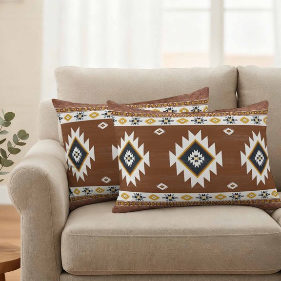 Outdoor Pillow Cover 20x12inch Set of 2, Aztec Tribal Totem Boho Stripe Waterproof Decorative Throw Pillow Cover for Couch Sofa, Vintage Brown Plank Ethnic Style Cushion Cases for Patio Garden