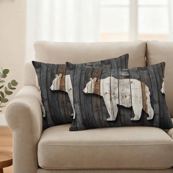 Outdoor Pillow Cover 20x12inch Set of 2, Bear Shadow Animal Portrait Waterproof Decorative Throw Pillow Cover for Couch Sofa, Farmhouse Vintage Wood Board Pillowcase Cushion Cases for Patio Garden
