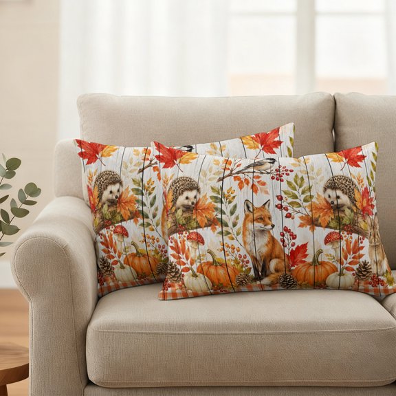 Outdoor Pillow Cover 20x12inch Set of 2, Thanksgiving Red Fox Rabbit Hedgehog Waterproof Decorative Throw Pillow Cover for Couch Sofa, Maple Leaves Pillowcase Cushion Cases for Patio Garden Bed Car