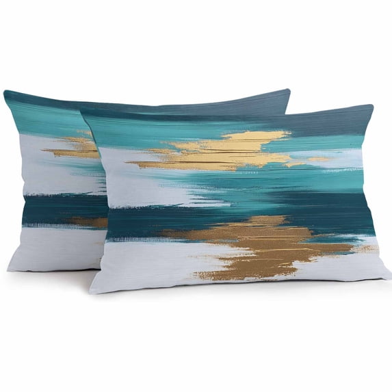 Outdoor Pillow Cover Abstract Art Set of 2 Waterproof Throw Pillowcases Blue Green Gold Texture Decorative Patio Furniture Pillows for Couch Garden Indoor & Outdoor Use
