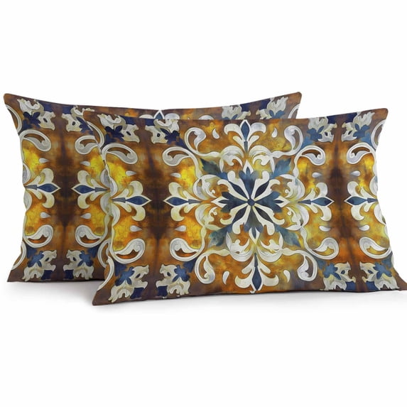 Outdoor Pillow Cover Abstract Blue Yellow Flowers Set of 2 Waterproof Throw Pillowcases Ethnic Style Decorative Patio Furniture Pillows for Couch Garden Indoor & Outdoor Use