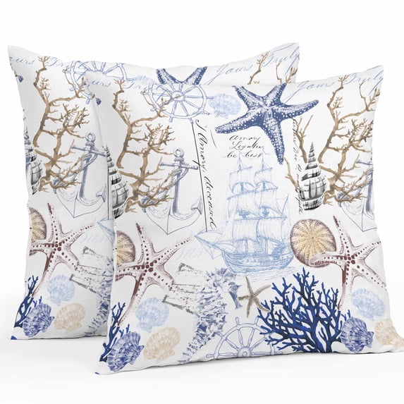 Outdoor Pillow Cover Abstract Coastal Starfish Coral Set of 2 Waterproof Throw Pillowcases Vintage Style Decorative Patio Furniture Pillows for Couch Garden Indoor & Outdoor Use