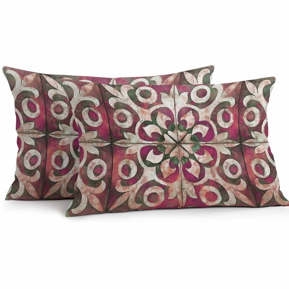 Outdoor Pillow Cover Abstract Pink White Green Flowers Set of 2 Waterproof Throw Pillowcases Ethnic Style Decorative Patio Furniture Pillows for Couch Garden Indoor & Outdoor Use
