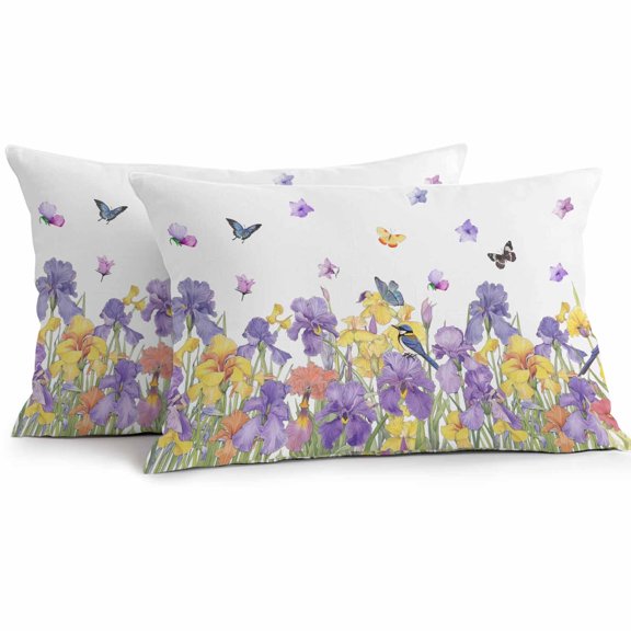 Outdoor Pillow Cover Bird Iris Flower Floral Set of 2 Waterproof Throw Pillowcases Butterfly Branch Leaves Decorative Patio Furniture Pillows for Couch Garden Indoor & Outdoor Use