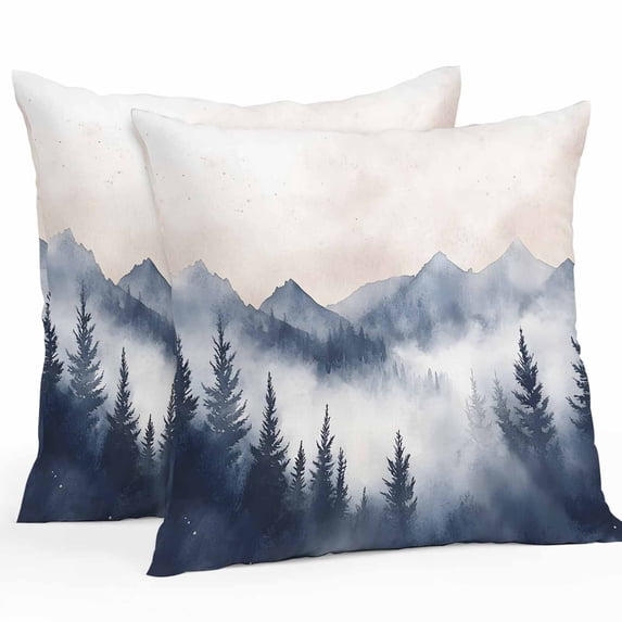 Outdoor Pillow Cover Blue Forest Mountain Set of 2 Waterproof Throw Pillowcases Watercolor Landscape Decorative Patio Furniture Pillows for Couch Garden Indoor & Outdoor Use