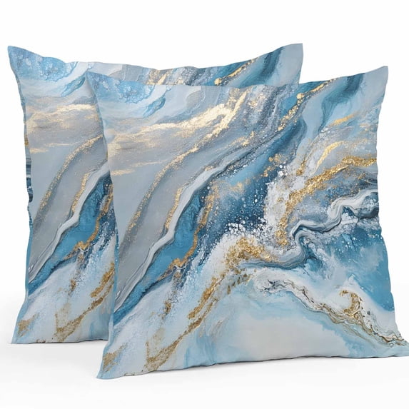 Outdoor Pillow Cover Blue Ocean Waves Set of 2 Waterproof Throw Pillowcases Golden Modern Abstract Art Decorative Patio Furniture Pillows for Couch Garden Indoor & Outdoor Use